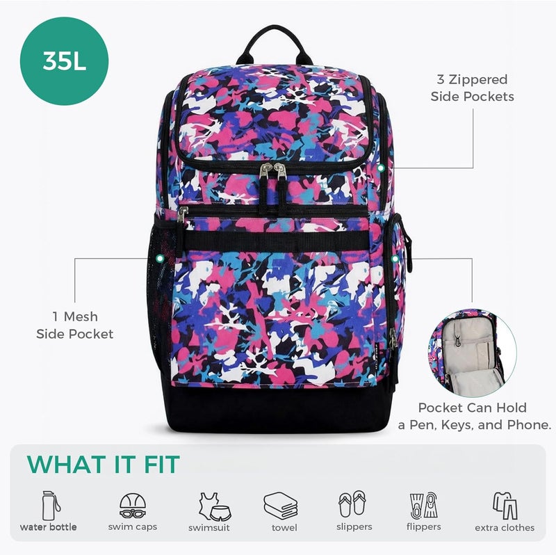 Choco Mocha Swim Backpack Girls, 35L Swimming Bag for Kids with Wet and Dry Compartments, Swim Gear Bag Camo Pink - Image 3
